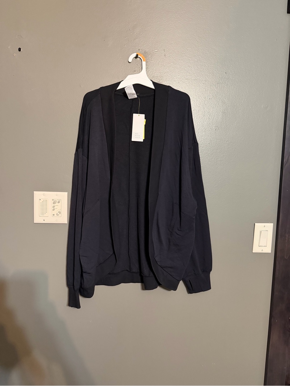NWT All In Motion Black Airy Sleek Cardigan Open Front Thumbholes M